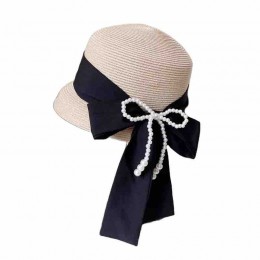 2024 new women Sun Hats paper Straw wide brim beach hat for women with pearls bowknot cloche hat for Travel Outdoor