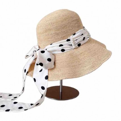 women Sun Hats with polka dot ribbon Wide Brim raffia Straw beach hat for women cloche hat for Travel Outdoor