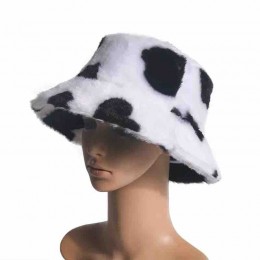 fashion Women's Milk Cow Print artificial Fur Bucket Hat Fluffy Winter Warmer Fisherman Warm Windproof Hat for Girls