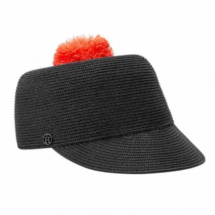 ready to ship fashion women spring and summer black paper straw beach baseball cap golf hat Equestrian hat with pom pom