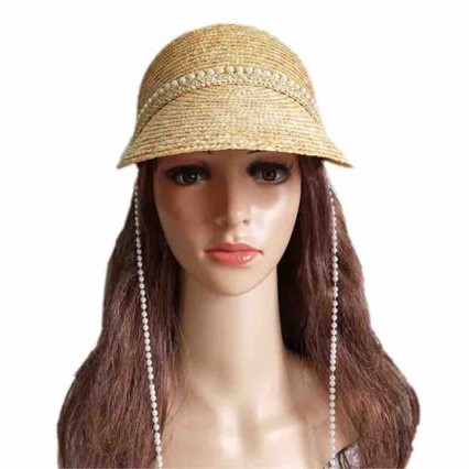 ready to ship wholesale fashion straw hat for women Knight baseball hat summer beach sun hat with pearl chain decorated