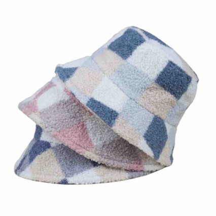 Winter Women grid lamb wool bucket hat Fisherman Hats Warm Windproof Cap