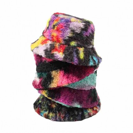 Winter Women tie dye lamb wool bucket hat Fisherman Hats Warm Windproof Cap