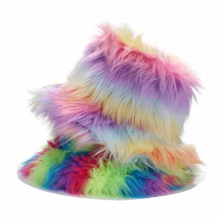 new fashion woman winter hats Soft long Fur tie dye rainbow furry bucket hats Fluffy Winter Warm Fisherman Cap