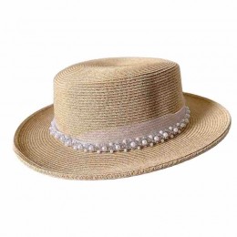 new women Sun Hat Flat Top boater with pearls Summer Beach fedora paper straw panama hats wholesale