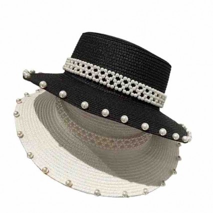 new women Sun Hat Flat Top boater with pearls Summer Beach fedora paper straw panama hats wholesale