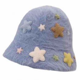 winter Fuzzy Fluffy Fisherman Cap rabbit hair Warm Windproof Artificial Fur furry bucket hats women with stars