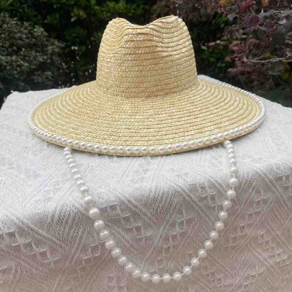 women Sun Hat Flat Top boater Summer Beach fedora wide brim wheat straw panama hats with pearls wholesale