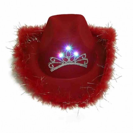 women LED light up flashing sequins fur trim red cowgirl hat western party cowboy hat