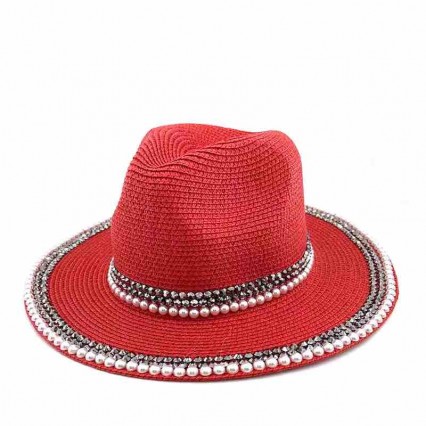 chic fashion red paper straw fedora trilby sun hat women ladies panama summer beach straw hats with pearls