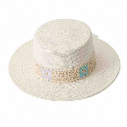 fashion chic women white paper Straw flat top fedora hat beach UV protection sun hats with embroidery ribbon