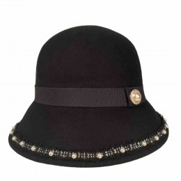 fashion chic black felt hats women winter wool felt cloche hat with pearls ladies dress wool hat winter