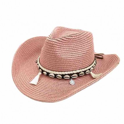 fashion men women wide brim pink paper straw shell chain decoration Western Cowboy cowgirl hat women's cattleman beach sun hat