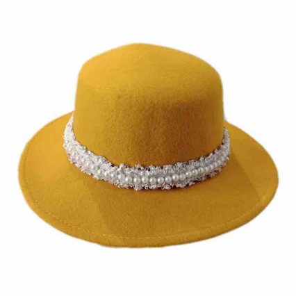 fashion women Wool Felt pearls boater hats fedora gentleman Hat