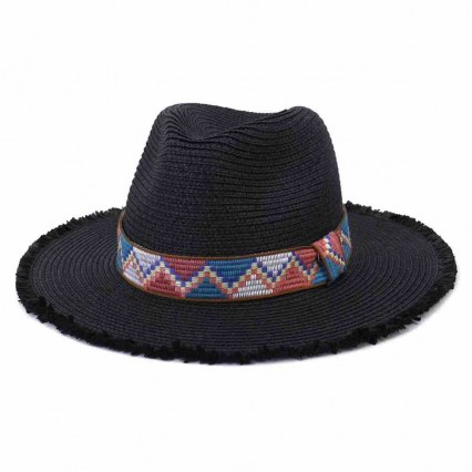 ethnic women fashion black straw beach fedora sun hat outdoor travel UV protection jazz panama hat with woven band