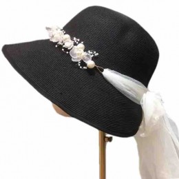 new ready to ship elegant floral jewelled paper Straw black sun hat for Travel Outdoor beach straw summer hats women female