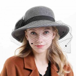 Fashion british style Wool felt women's formal hats wide brim bucket tea party dress hats church cloche hat with mesh veil