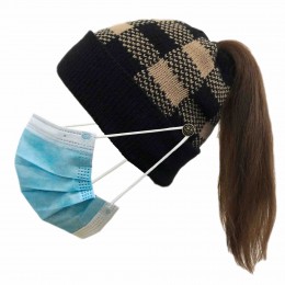 Ponytail Beanie for Women Winter Warm Beanie Tail Soft Stretch Cable Knit Messy High Bun Hat womens pony tail hats with buttons