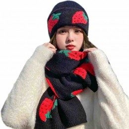 ready to ship fashion strawberry jacquard wool blended Knitted beanie Hat Cap women winter hat and scarf set