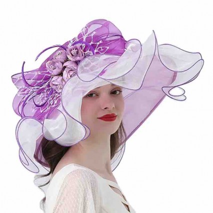 wholesale fashion Women sun hat Ruffles wide brim Kentucky Derby Organza Church wedding Party hat with big flower