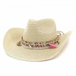 new fashion chic women beige paper Straw cowgirl hats beach UPF 50+UV protection sun hat bulk cowboy hats