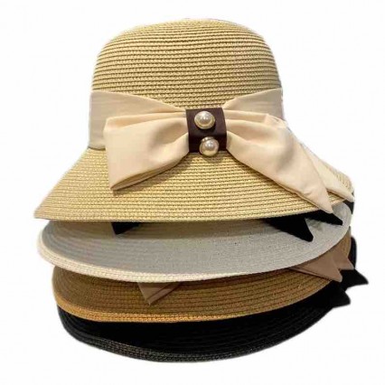 new fashion ladies straw hat paper straw sun hats wide Brim dress beach cloche sunscreen hat for women with pearls bowknot