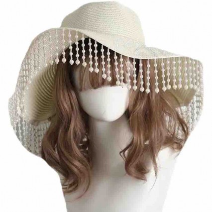 pearls tassel Fringe wide brim straw floppy hat Bride to be Bachelorette Parties Engagement Party