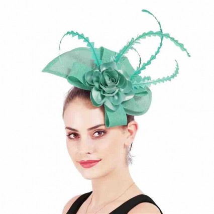 fashion women ladies green Sinamay Fascinator Church Kentucky Derby Hat feather flower Wedding cocktail royal party pillbox hat