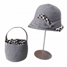 fashion chic women UPF 50+Sun Protection Hat Beach Tote Bag Sun cloche Hat with grid bow accent Swimming Bag sets