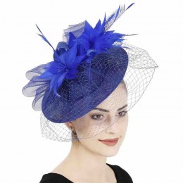 fashion Tea-Party Fascinators-Hat-Women ladies Girls blue Kentucky Derby Hat Mesh pillbox Feather church Wedding Cocktail hat