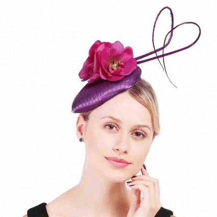 fashion women ladies purple satin Fascinator Hats Church Kentucky Derby Hat feather floral Wedding cocktail party pillbox hat