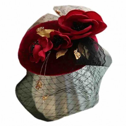 new ready to ship velvet bridal maroon hats flower mesh veil Hat Pillbox Hat hairclip Cocktail Tea Party Headwear