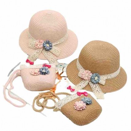 fashion chic mother and kid UPF 50+Sun Protection Hat Beach Tote Bag Sun cloche Hat with flowers accent purse and hat sets women