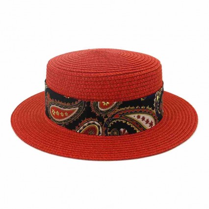 fashion dress UPF50 beach hats for women summer straw female wide brim paper boater flat topped straw hat with cashew ribbon