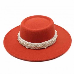 fashion womens Pork Pie jazz blaze orange hat Unisex Flat Top boater hat Wide Brim Porkpie Fedora Hata 12 colors with pearl band