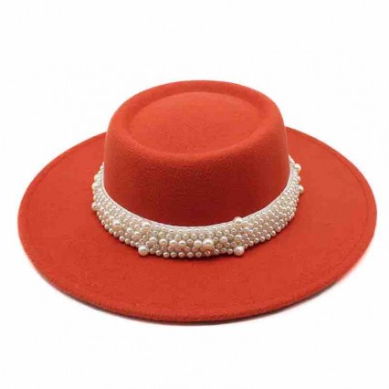 fashion womens Pork Pie jazz blaze orange hat Unisex Flat Top boater hat Wide Brim Porkpie Fedora Hata 12 colors with pearl band