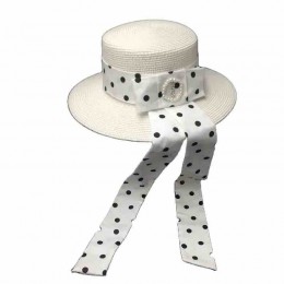 2024 new Womens white dress hats UPF50 summer beach sun Hats paper straw boater panama fedora trilby hat with polka dot ribbon