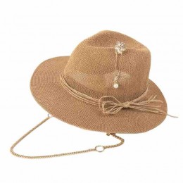 2024 new fashion Womens UPF50 summer beach sun Hats with pin and chain Accessories wide brim paper straw hat