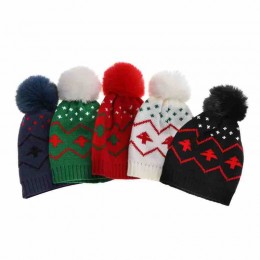 kids Baby Knitted double layer Pompom Beanie Cap winter hat baby christmas tree jacquard Warm Hat