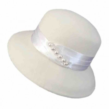 new Fashion women white Winter retro Wool Felt wide brim bowler church Hat with pearl & satin band