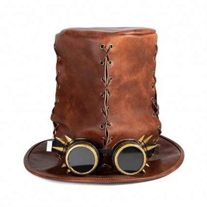 Steampunk PU brown Flat Top Witch Magic Hats Halloween Cosplay Costume Props leather vintage distressed steam punk hat