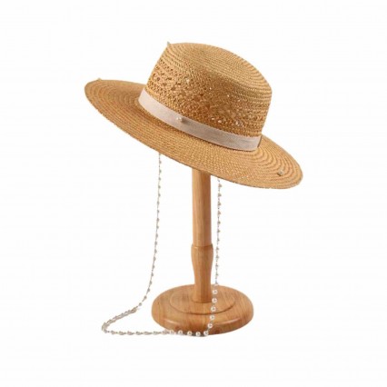 UPF50 foldable summer wheat straw wide brim beach sun Hats with pearl chain Accessories fashion womens straw hat