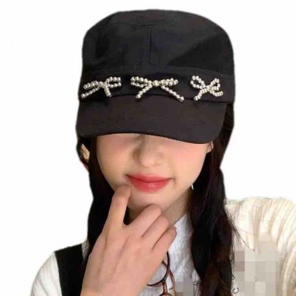 2024 new fashion women acrylic black Flat Top newsboy hat baseball hats with pearl bowknots