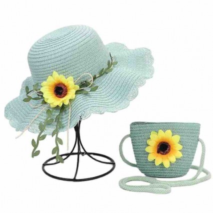 Girls Kids straw Beach Hats and Bags set Flower Tote Handbag Bag Suit Children Summer straw hat and bag