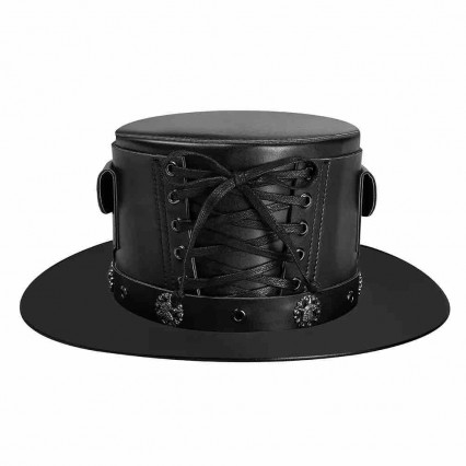 PU leather steampunk hat Black Flat Top Witch Magic Hats Halloween Cosplay Costume Props leather top steam punk hat