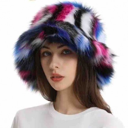 packable Fuzzy Bucket Hat Winter Plush Faux Fur colorful plush fluffy furry wide brim bucket hats for women