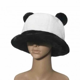 Winter artificial Black ears panda Wool Fluffy Plush Bucket Hat Thick fuzzy bucket hat Cap for Skiing Cycling Camping Hiking