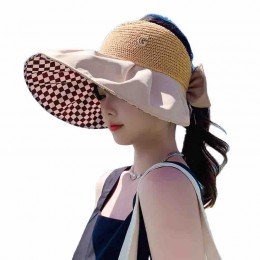 fashion chic women packable knitted grid cotton wide brim Bucket Hats ponytail sun visor hat UV protection Travel beach sun hat