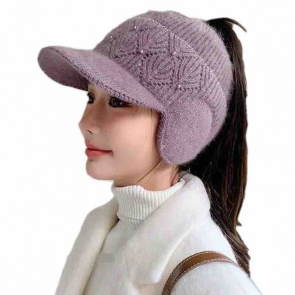 Ponytail Beanie for Women,Winter Warm womens pony tail hats earflap visor hat Soft Stretch Cable Knit sport beanie hats