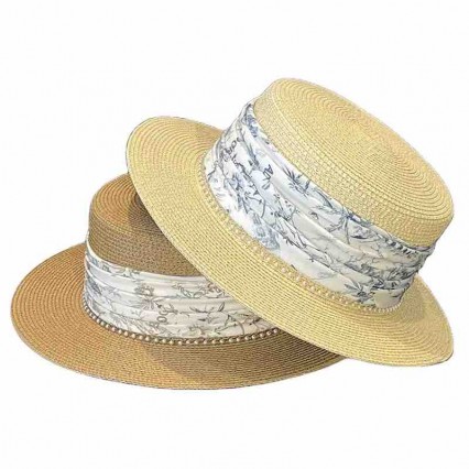 2023 new women Sun Hat Flat Top boater Panama beach hats for women summer straw hats with pearls satin ribbon